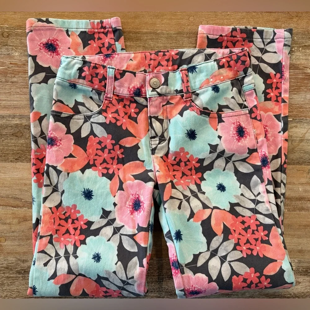 Gymboree Girls Stretch Jeans‎ Size 8 Adjustable Waistband, Coral & Aqua Floral